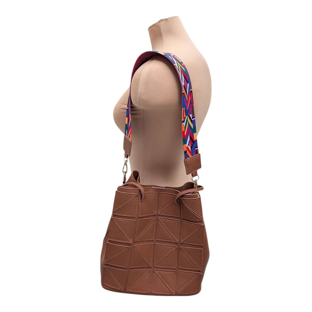 Stylish Brown Vegan Leather Bucket Bag with Geometric Design & Colorful Strap